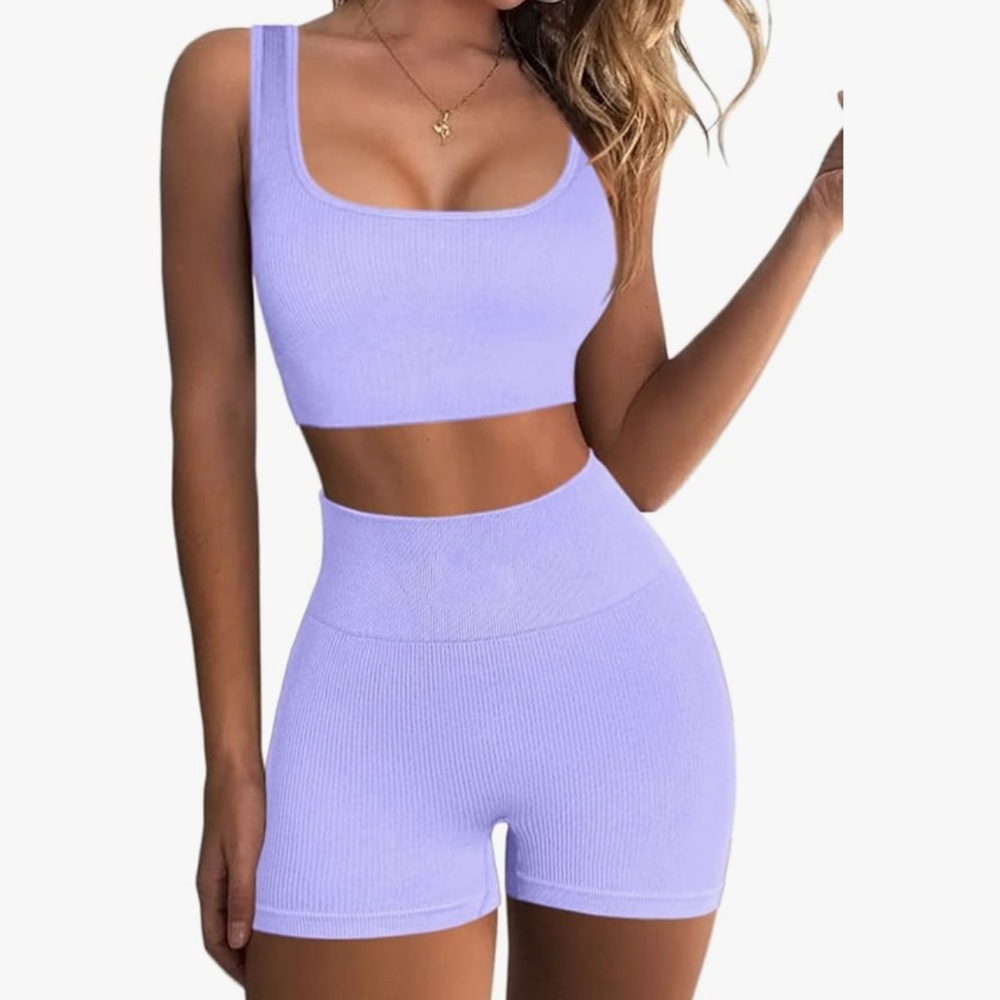 Yoga Workout Set Women 2 Piece Seamless Ribbed Crop High Waist Shorts Lavender